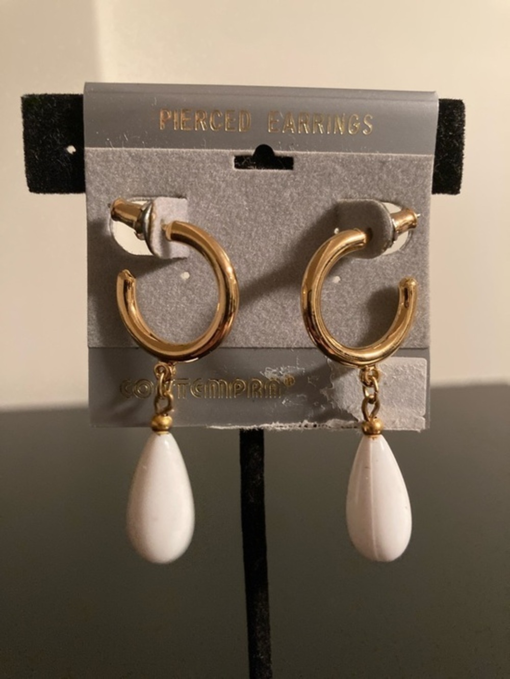 Gold Hoop Earrings with White Teardrop Pendants